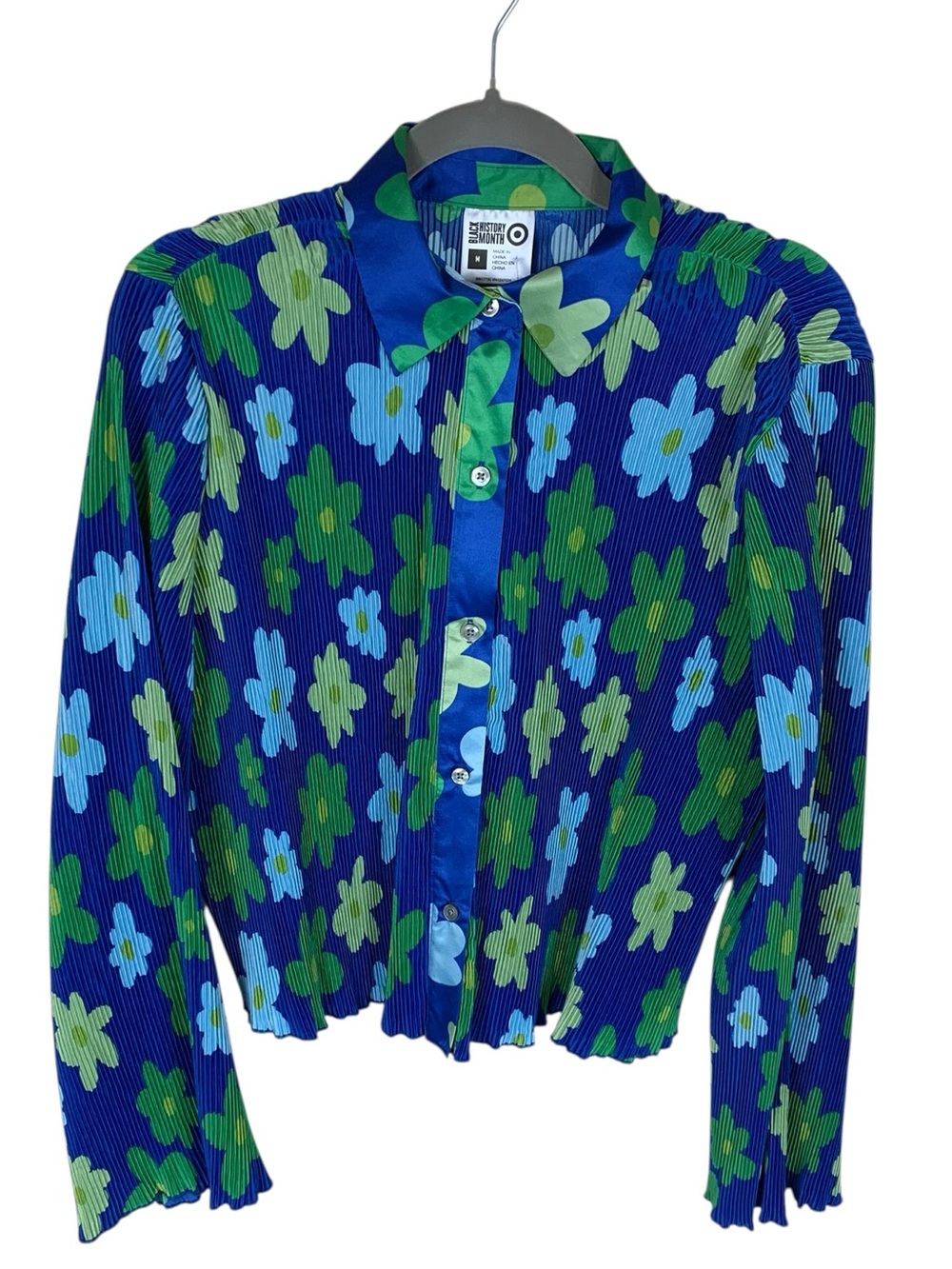 Women's Sammy B for Target Blue Green Floral Pleated Lettuce Hem Button Up Top M